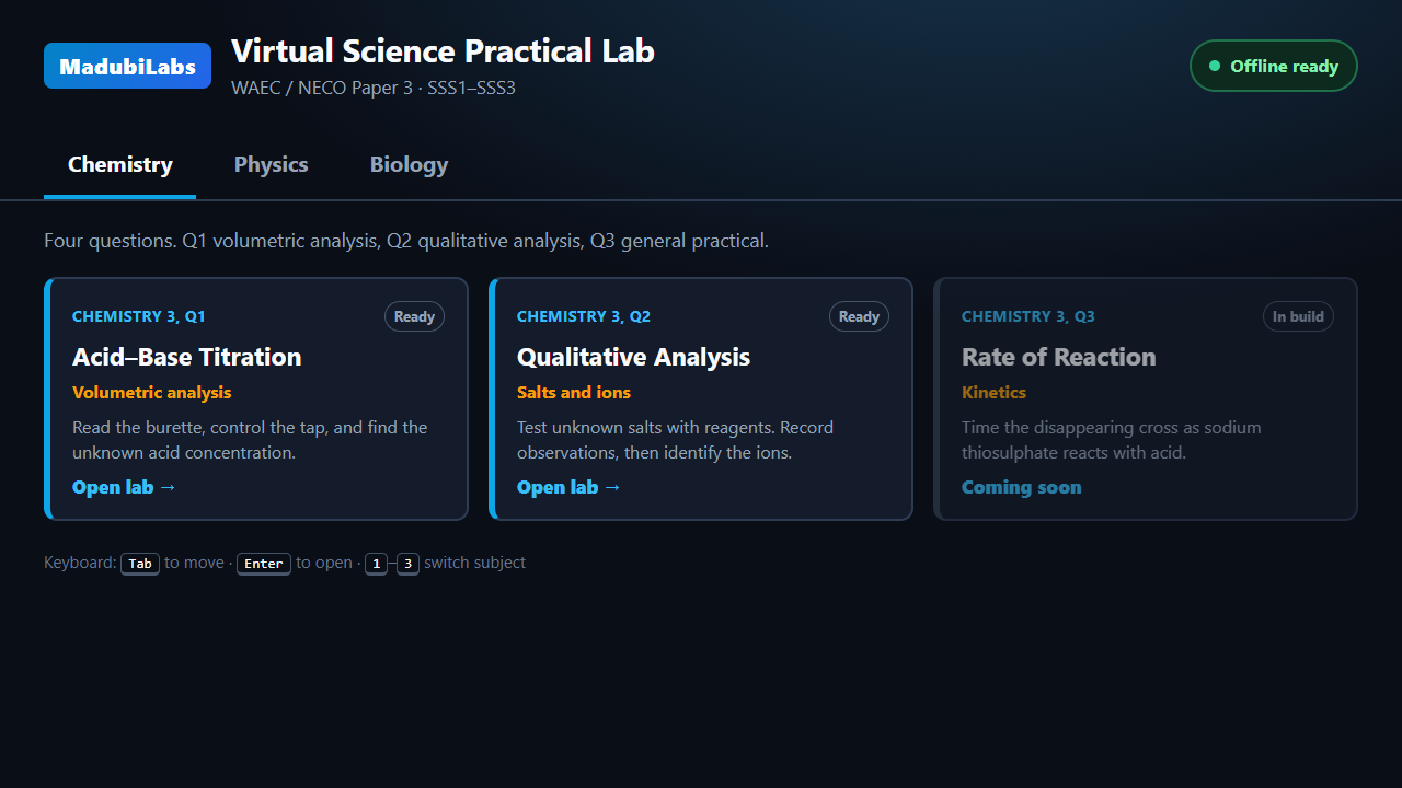 MadubiLabs virtual science practical lab screenshot showing the home screen